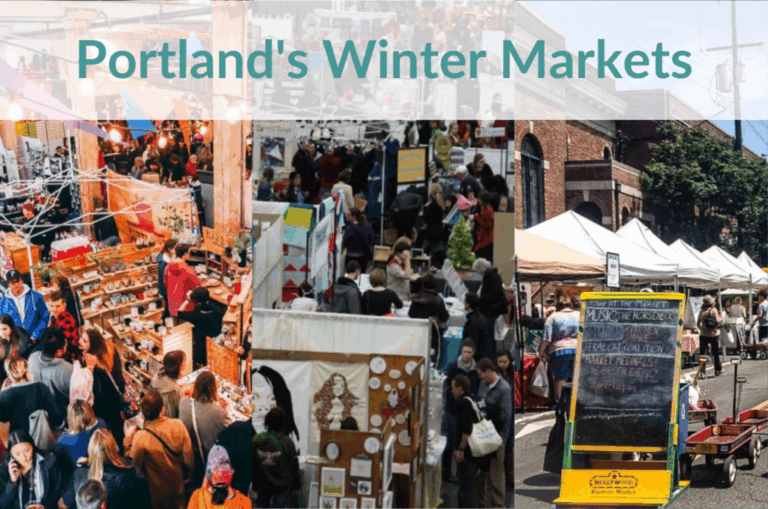 Crowded winter market scenes in Portland.