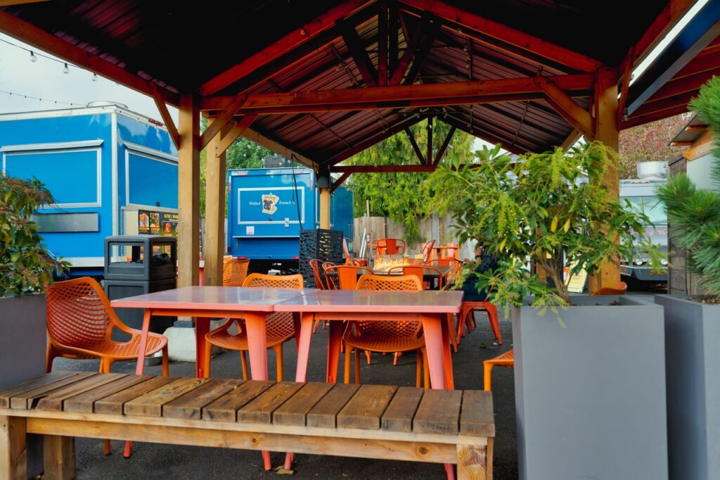 Covered seating area at Alberta Carts in the Alberta Arts District
