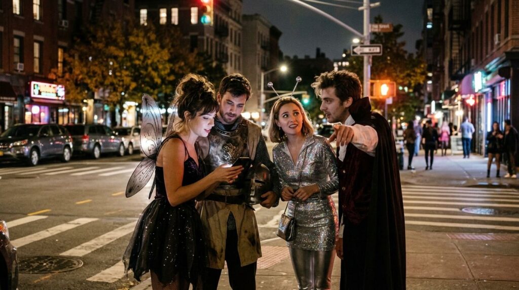 Four friends in Halloween costumes, a fairy, a knight, an alien and a vampire, checking a phone on a city street at night
