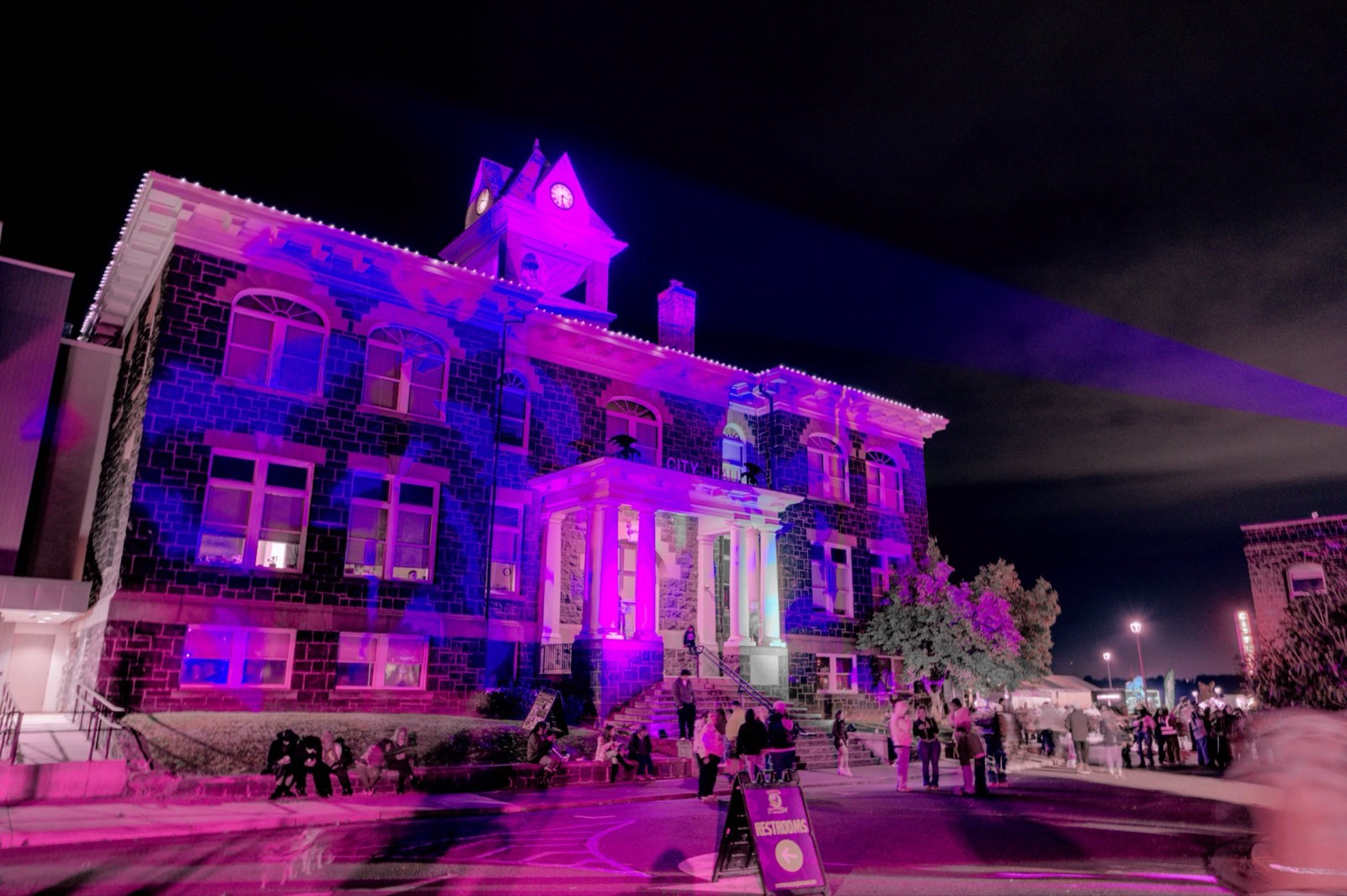 St. Helens City Hall glowing in colored light during Halloweentown