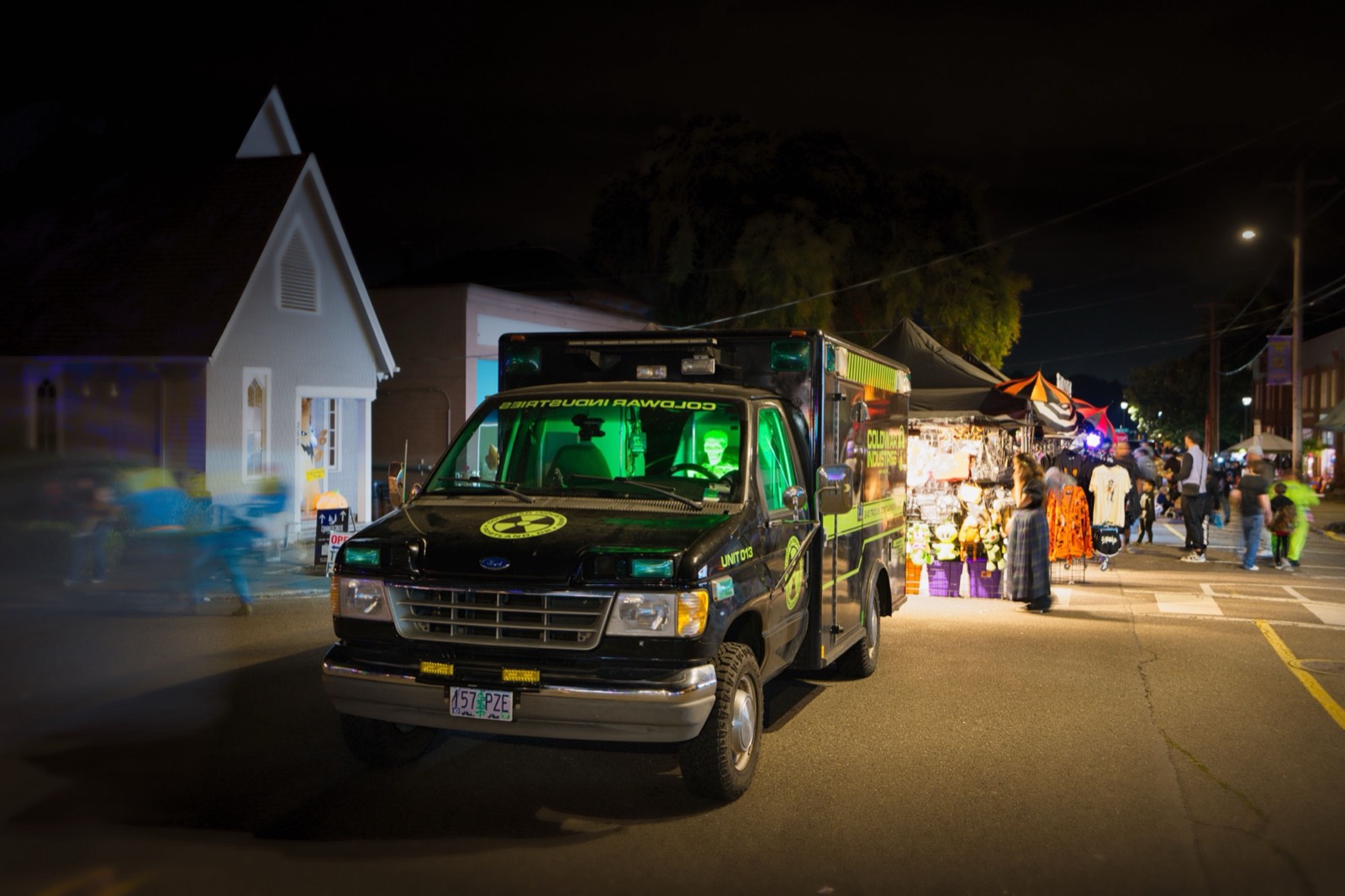 End-of-the-world themed EMT vehicle parked on the street at Halloweentown