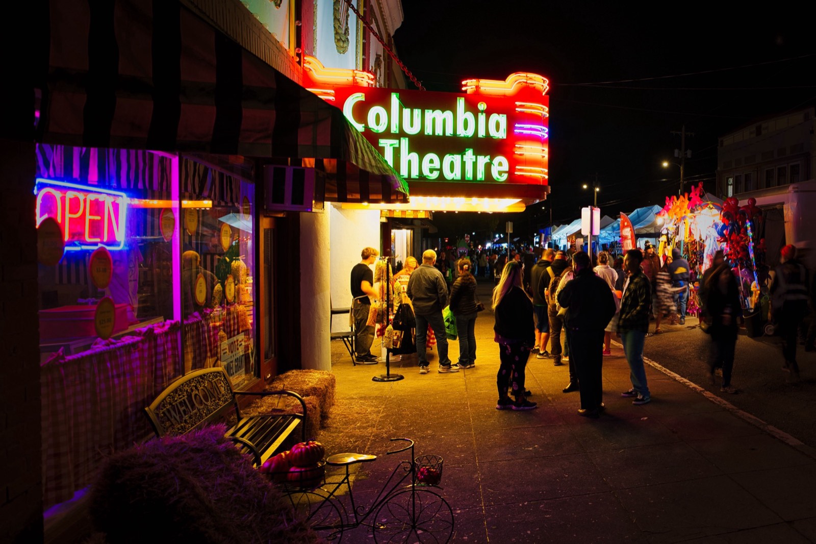 The Columbia Theatre neon marquee in St. Helens at night
