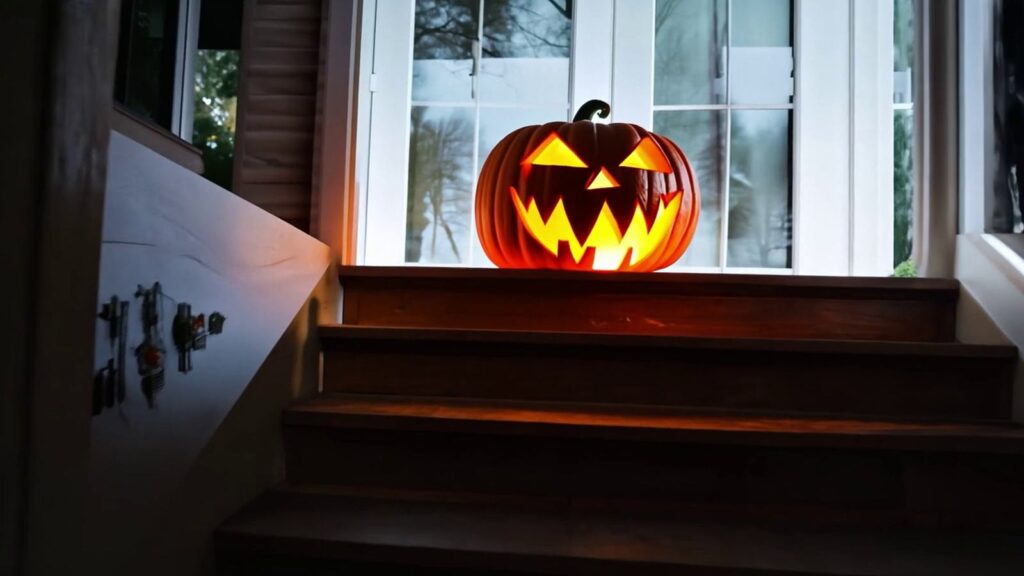 Glowing carved jack-o-lantern sitting at the top of wooden porch steps at dusk